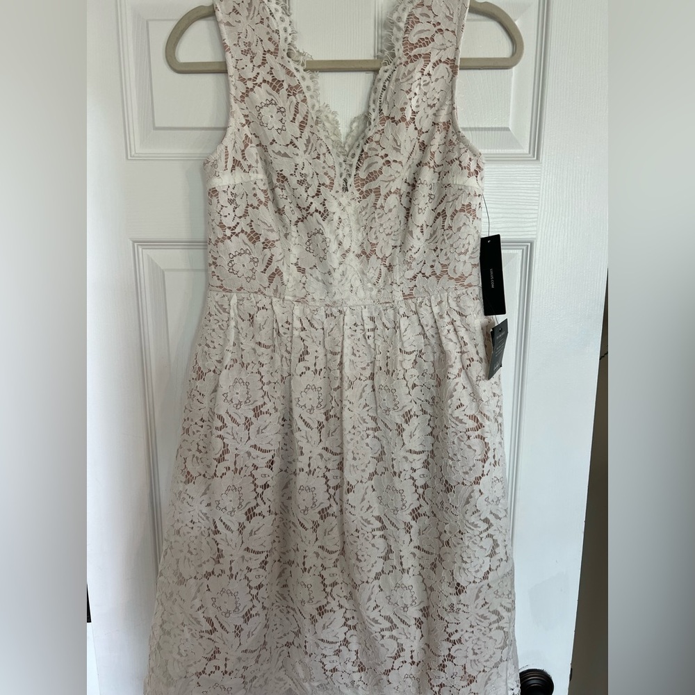 Lulu's Ivory Tan Lace V-Neck Midi Dress